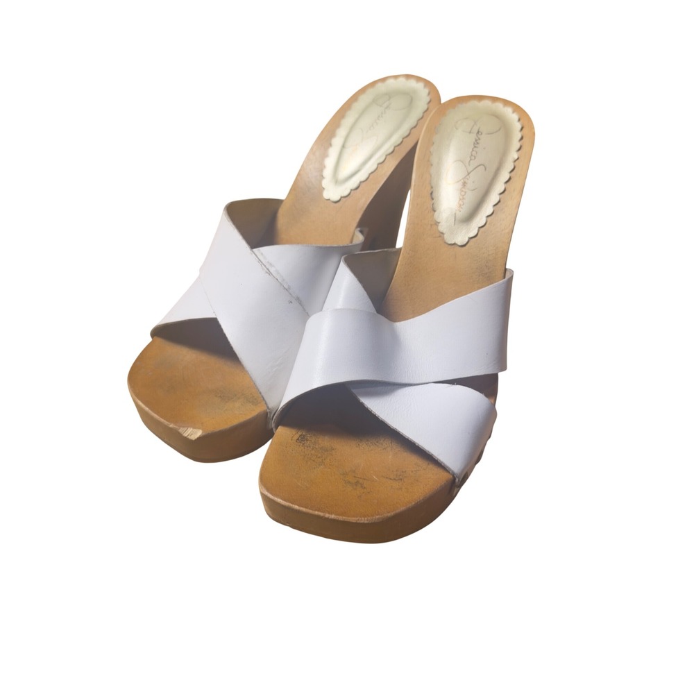 Jessica Simpson White Leather Wooden Platform Sandals